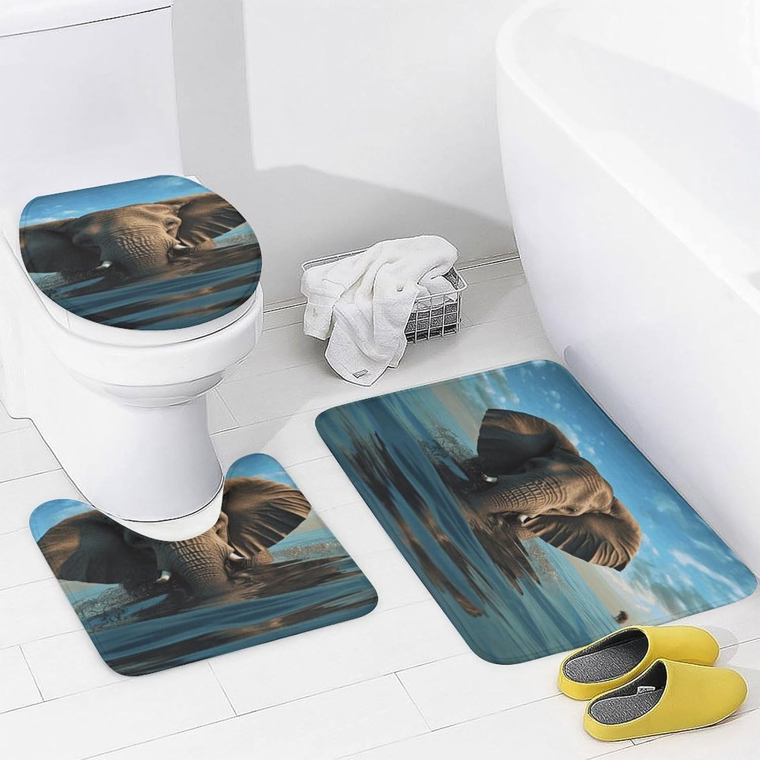 Elephant is Sitting in The Water 4Pcs Shower Curtain Set with Non-Slip Rugs, Toilet Lid Cover and Bath Mat,Bathroom Set Decor Accessories,Curtain Set with 12 Hooks, 72 X 72 Inch