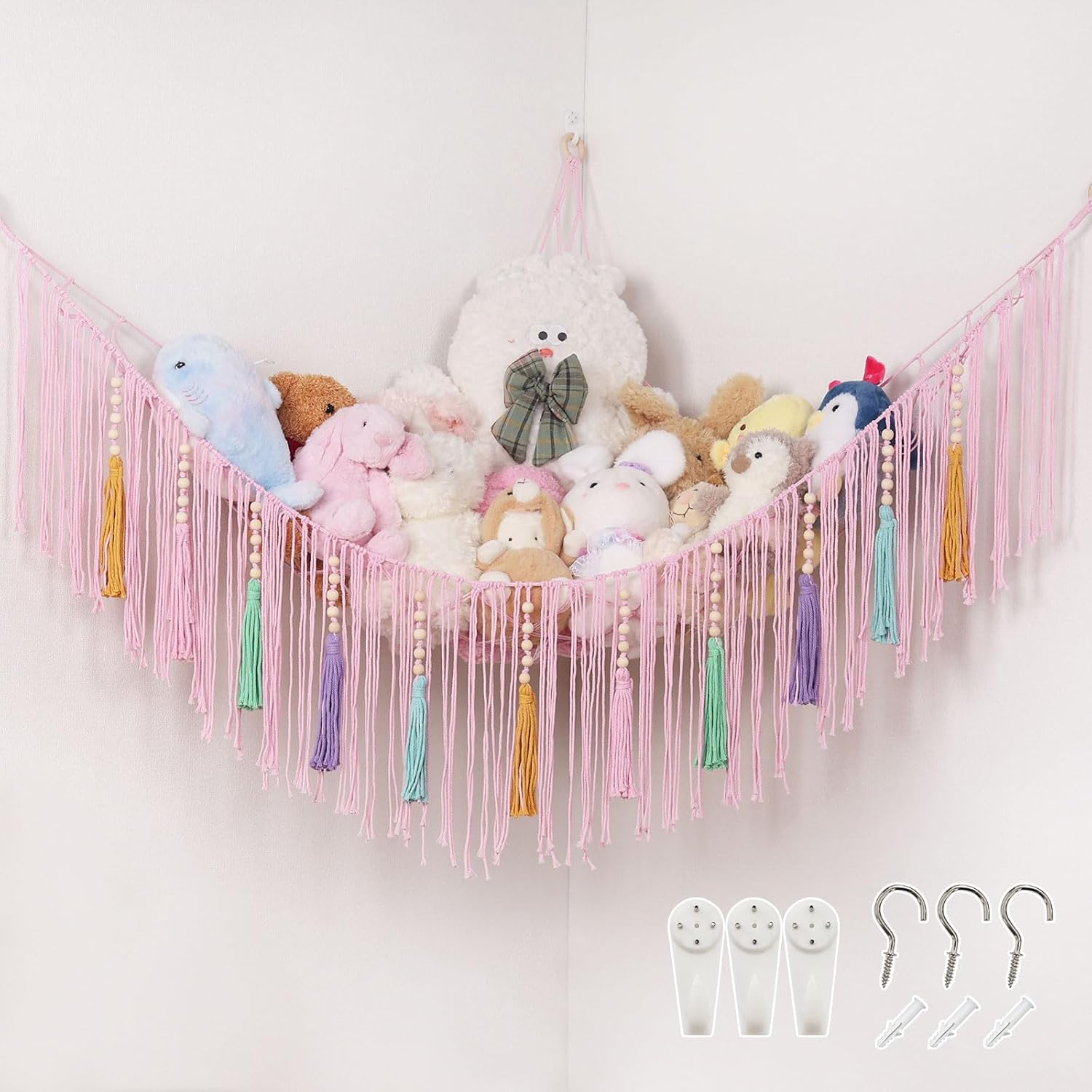 Pretty Jolly Stuffed Animal Hammock with Colorful Tassels and Beads