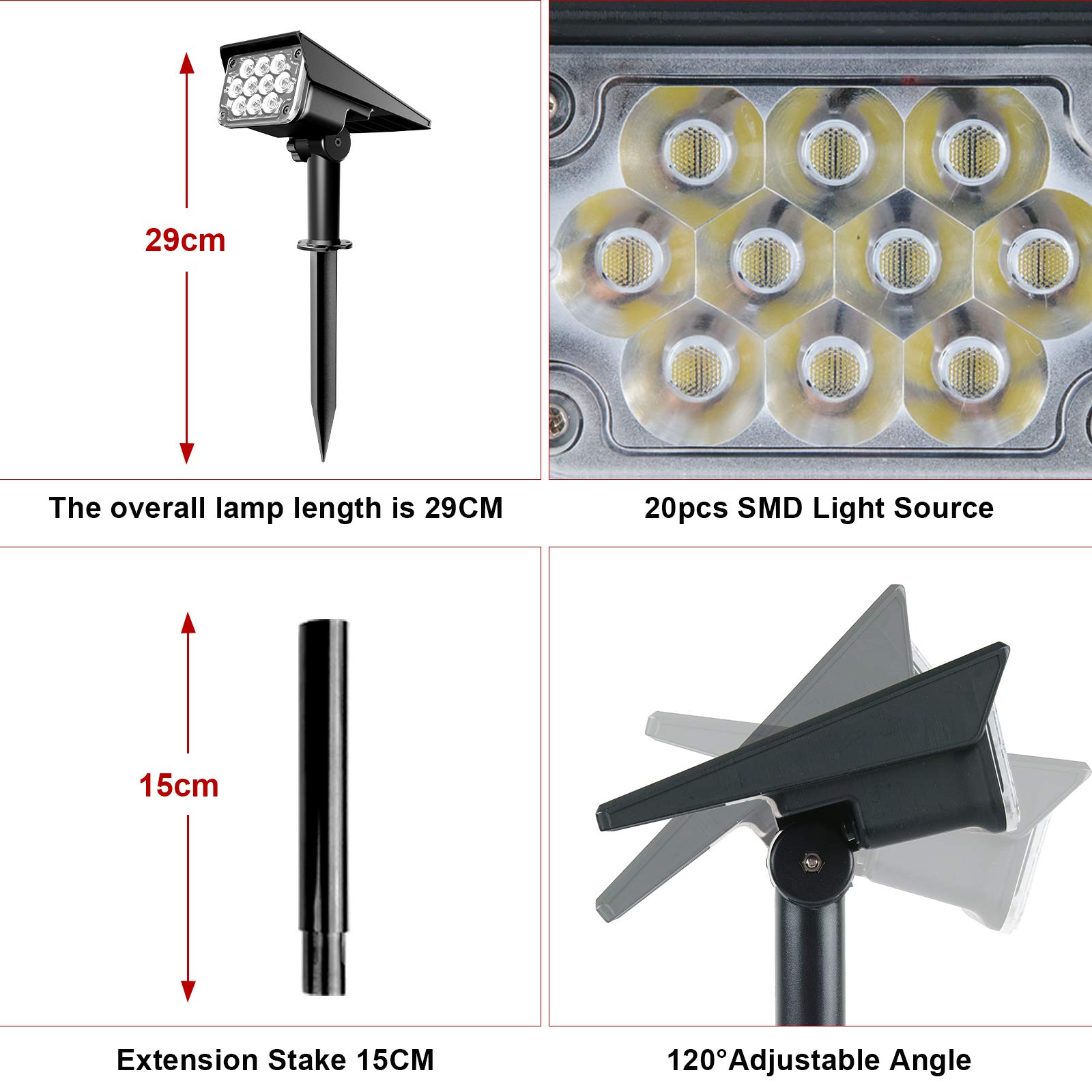 Focos solares rojos para exteriores, 20 luces LED impermeables IP65, luz solar de paisaje, focos ajustables para pared, árbol, patio, jardín, Halloween, Navidad, iluminación, paquete de 4