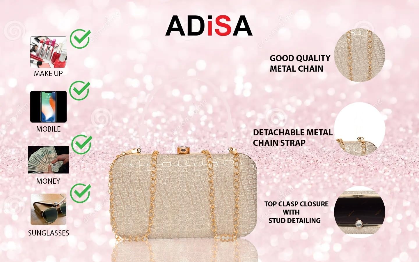 ADISA textured formal party clutch with gold chain for women and girls (CL104)