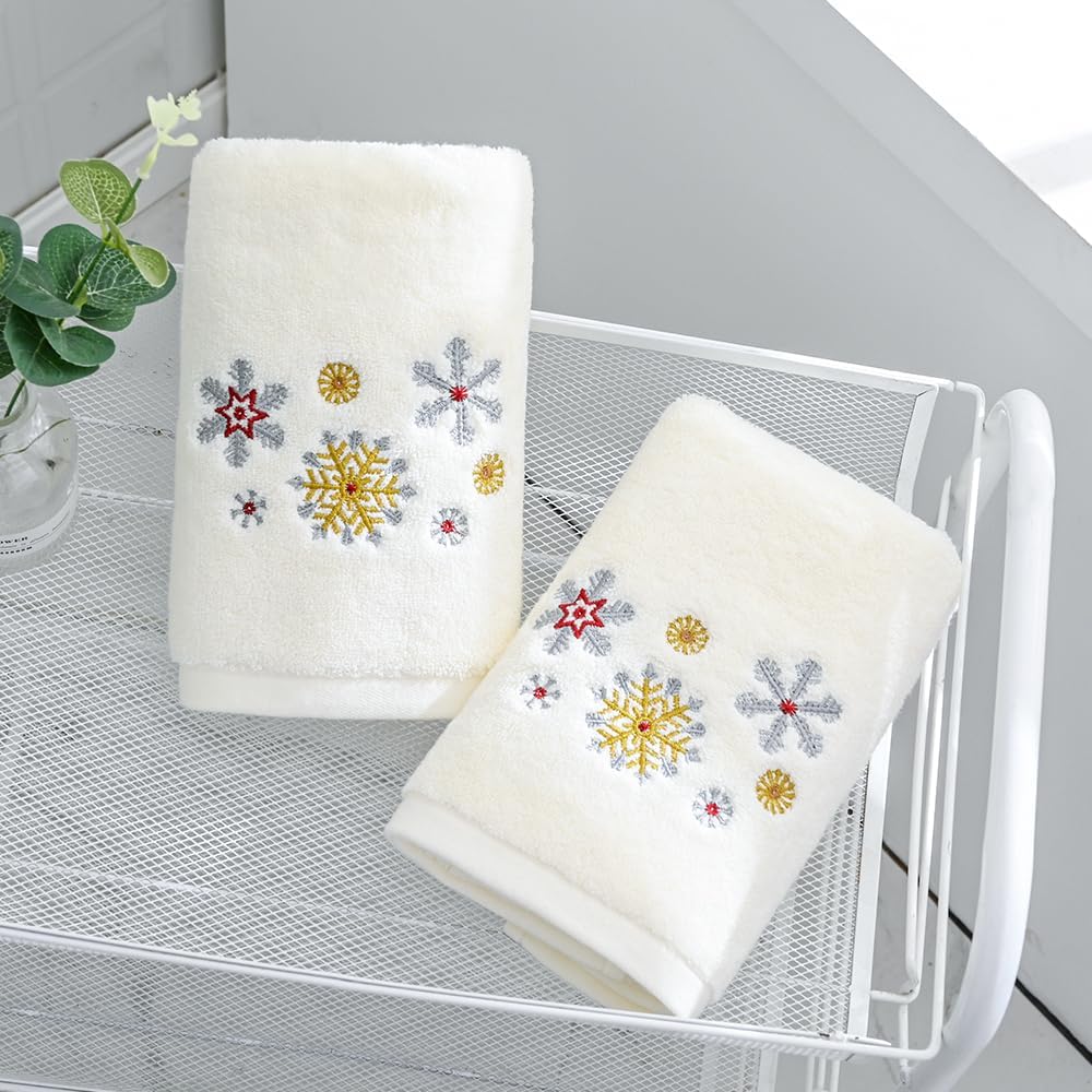 sense gnosis White Hand Towel Set of 2 Premium 100% Cotton Thick Ultra Soft Highly Absorbent Snow Embroidered Luxury Christmas Hand Towels for Bathroom Decorative 13 X 29 Inch
