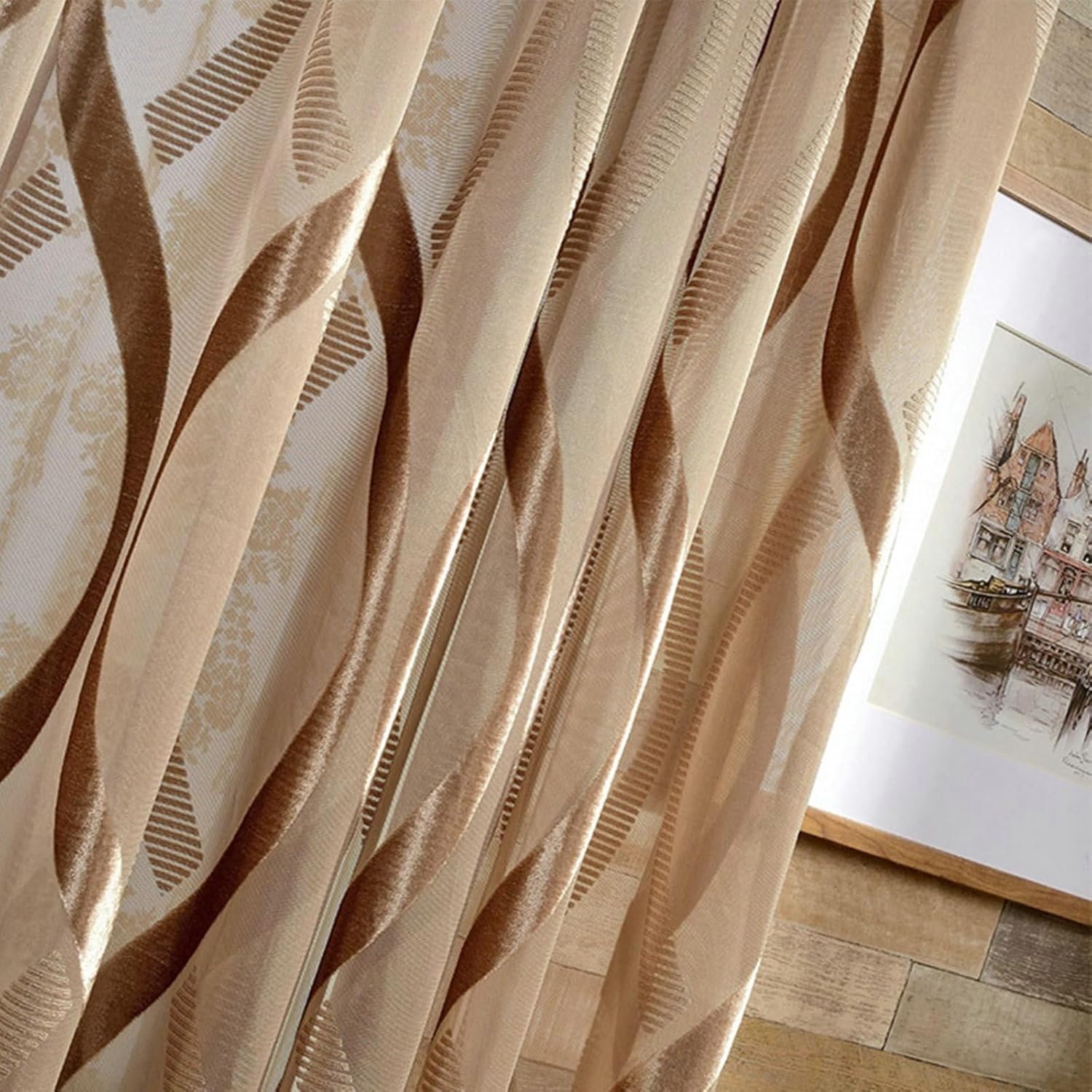 Daesar Window Curtains 2 Panel Sets, Polyester Hook Darkening Curtains 55" W x 85" H Drapes Solid Color Wave Texture Velvet Coffee Semi Blackout Curtains for Bedroom Living Room