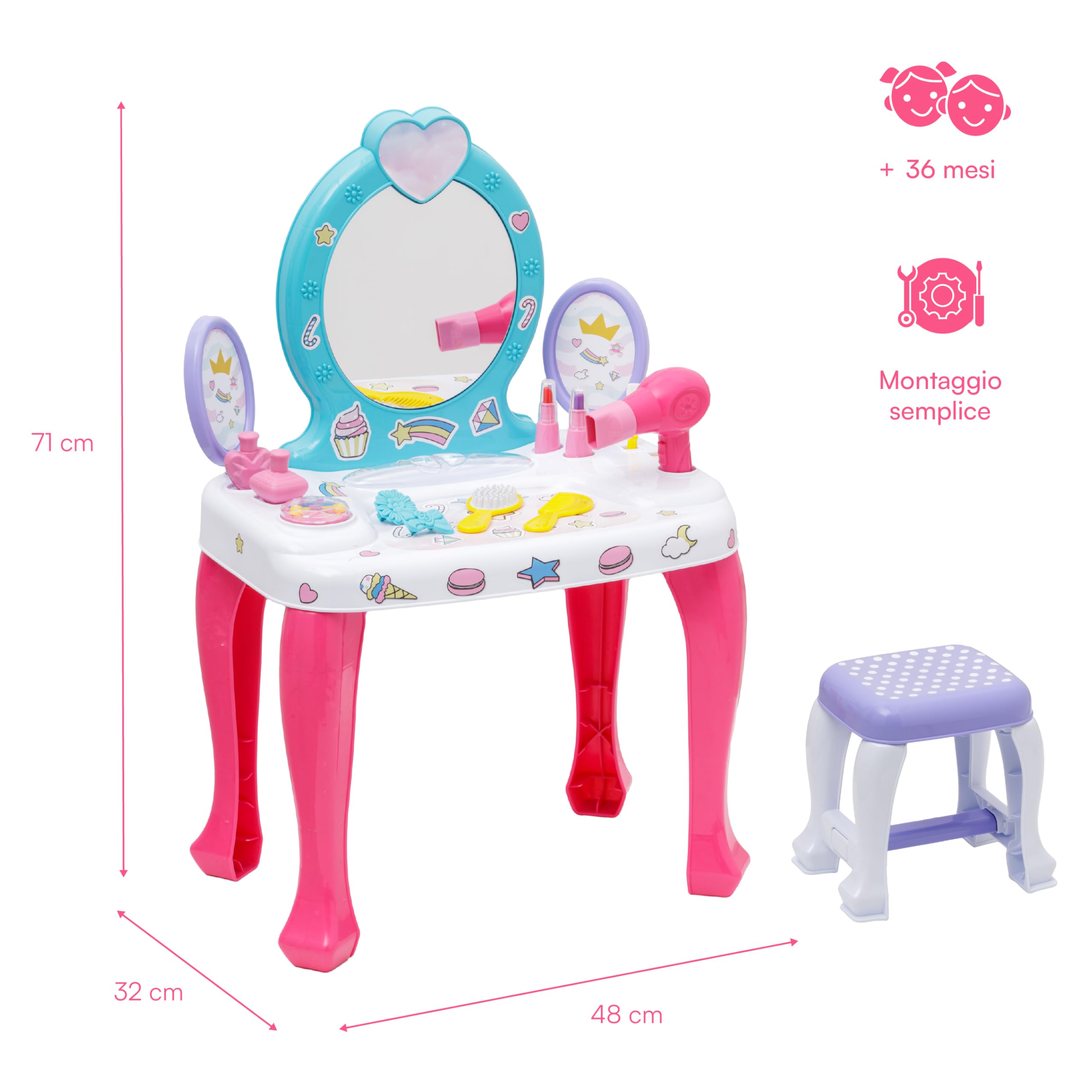 Baroni Toys Toeletta Trucco per Bambini con Specchio, Sgabello e 12 Accessori, Consolle Trucco Bambina, Specchiera per Bambine, Gioco di Simulazione per Bambini dai 36 Mesi, 48x32x71 cm, Unicorni