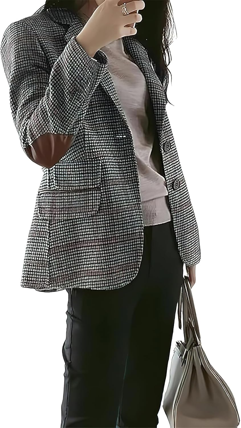 Women's Fashion Notched Lapel Wool Plaid Blazer Slim Long Sleeve Jacket with Elbow Patch - Image 3
