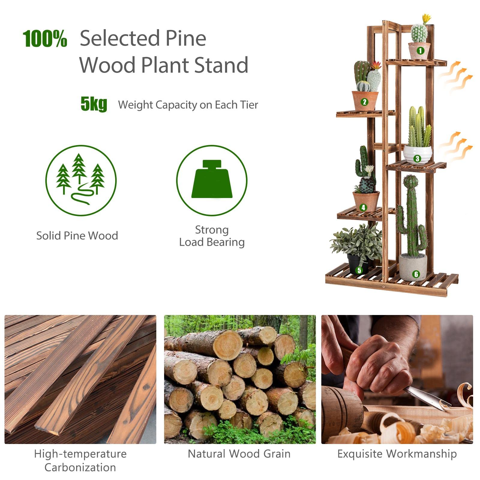 KOMFOTTEU Support de Plantes en Bois de Pin, Étagère à Pot de Fleurs, Porte Plante Intérieur, Design en Escalier, Protection Anti-basculement, pour Balcon, Jardin, Salon (5 Niveaux, 50 x 21 x 103 cm)