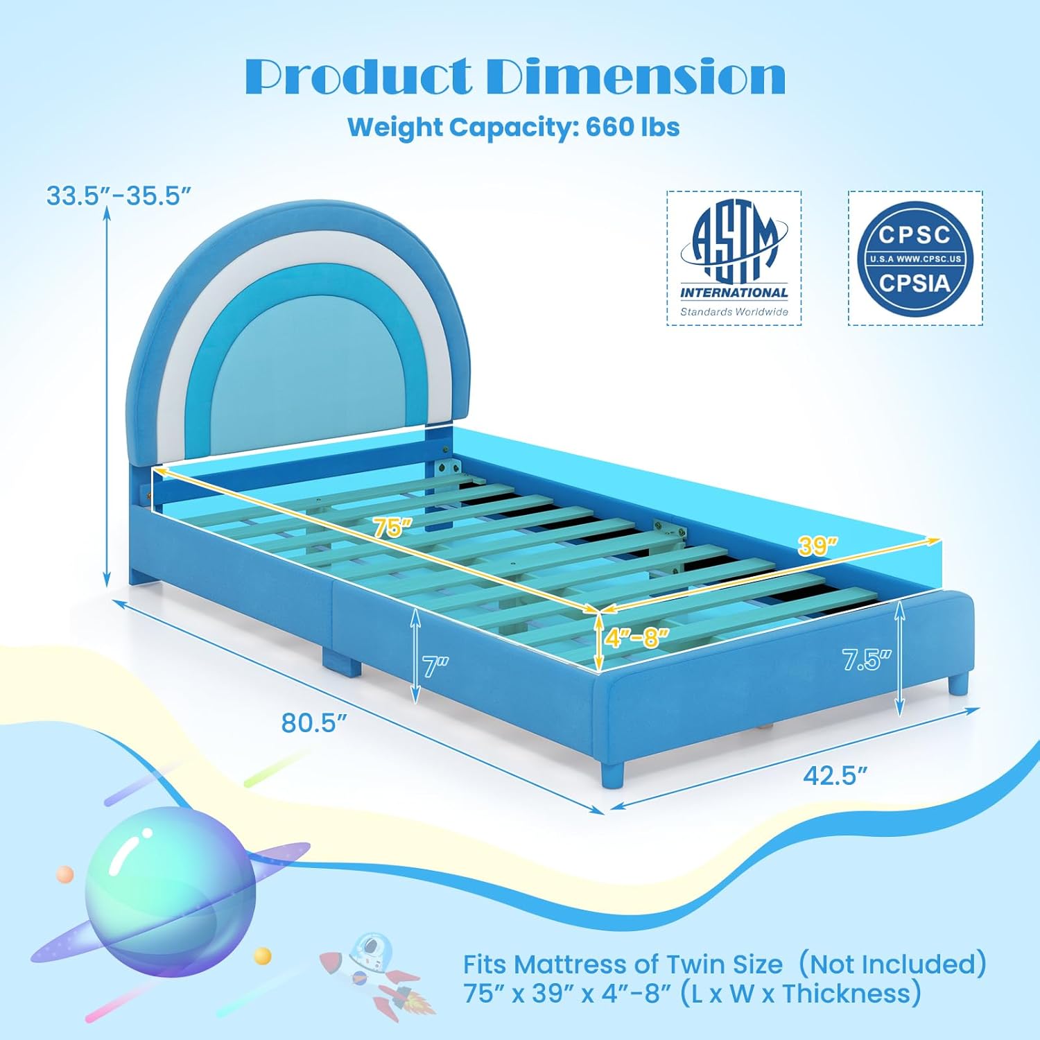 HONEY JOY Twin Bed Frames for Kids, Toddler Wooden Twin Bed Platform with Headboard & Slat Base, No Box Spring Needed, Children Bedroom Furniture for Boys Girls, Fits Standard Twin Mattress, Rainbow