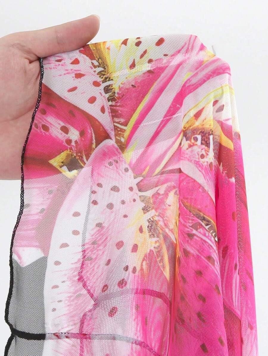 ZAFUL Womens 3pcs Swimsuit Floral Halter Triangle Bikini Top Tie Side Bottom with Long Sheer Cover Up Skirt - Image 2