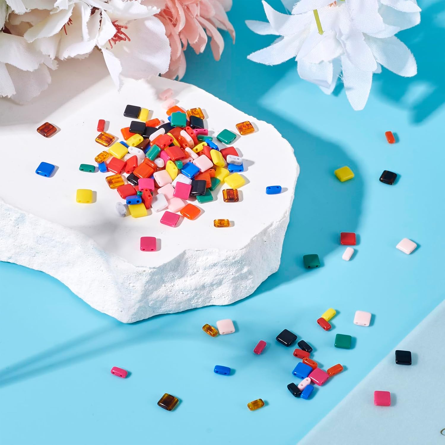 Beadthoven 400Pcs Tila Beads 2-Hole Acrylic Seed Beads 20 Styles Mini Opaque Flat Square Rectangle Tila Tile Spacer Loose Beads for Bracelet Necklaces Jewelry Making Supplies 5.2x5.2mm / 2.3x5.2mm - Image 4