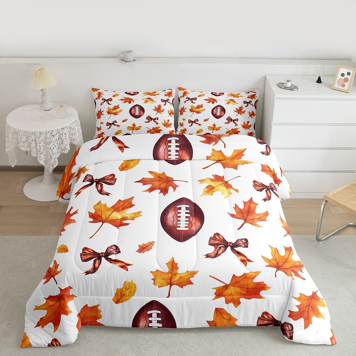 Erosebridal Fall Leaves Football Queen Comforter Set | Thanksgiving Bows Bedding Sets | Autumn Leaf Bow Tie Bed Set for Kids Girls | Country Farmhouse Room Decor with 2 Pillowcases