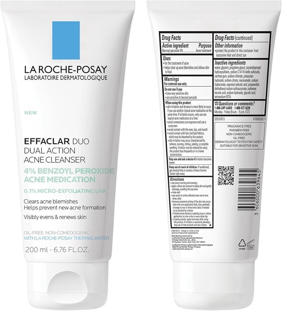 La Roche-Posay Effaclar Dual Acne Face Wash With 4% Benzoyl Peroxide & LHA Exfoliant, Acne Treatment Help Clear & Prevent Blemishes, Paraben Free & Oil Free Wash, 6.76 Fl Oz