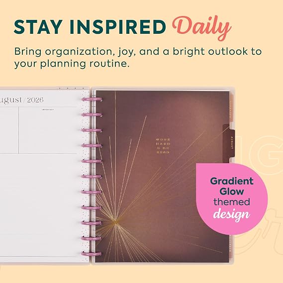 Happy Planner Disc-Bound 12-Month July 2026-June 2027 Planner Bundle with 15-Sheet Sticker Pack, Big Sized, Horizontal Layout, Gradient Glow, 2 Items