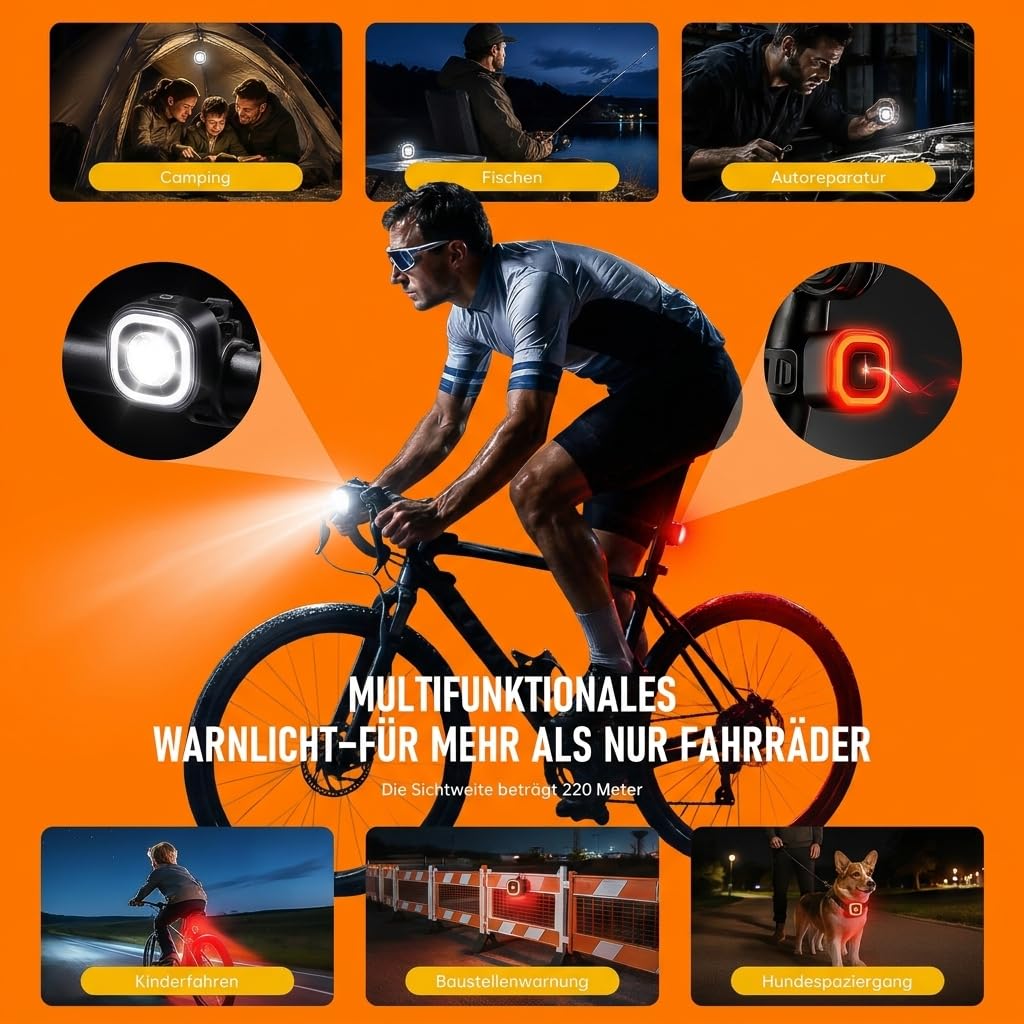 Kit d'éclairage LED pour vélo homologué StVZO - Rechargeable avec feu stop intelligent - Étanche IPX5 et résistant aux chocs - Kit de lampes de vélo USB-C pour vélo d'enfant, vélo électrique, VTT