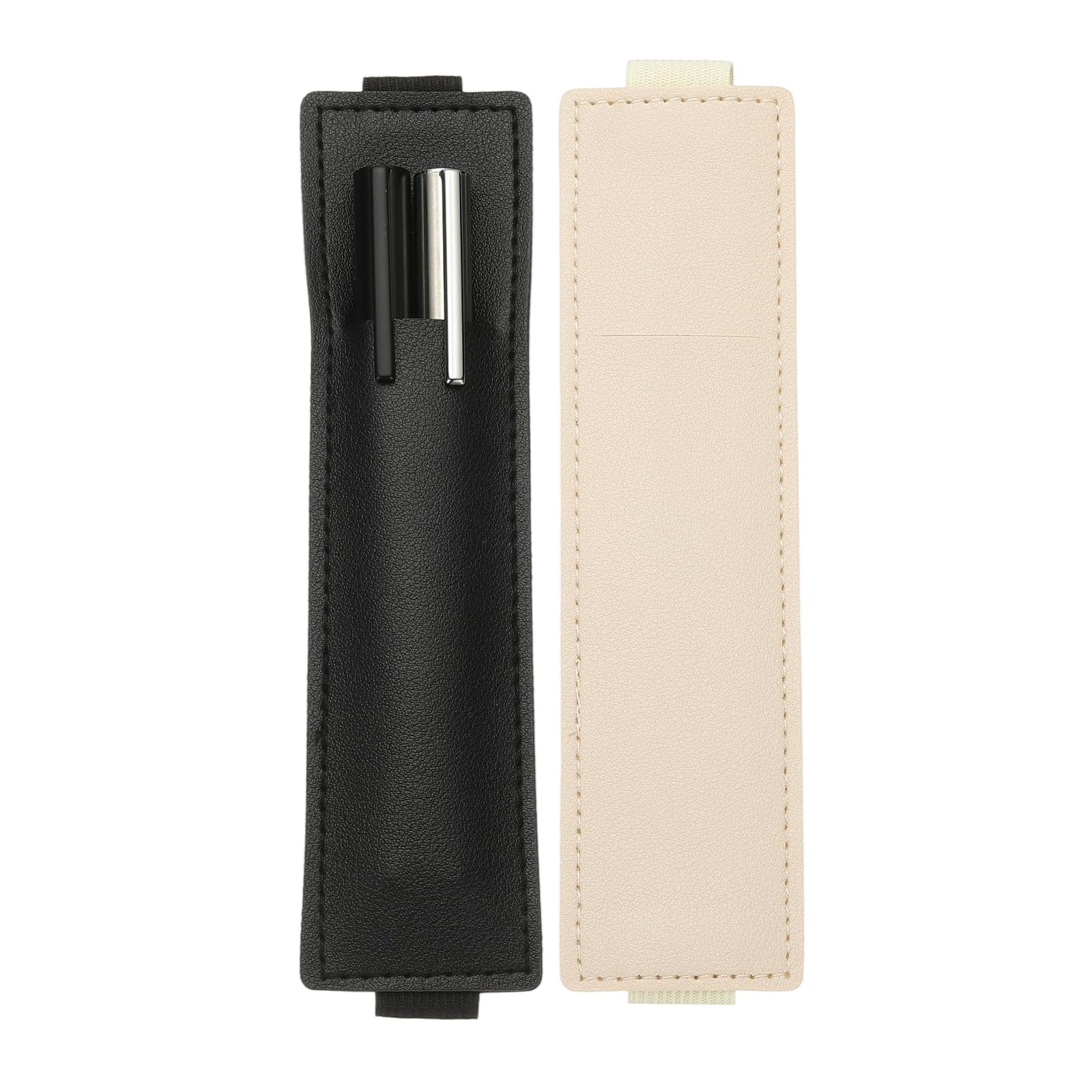 PATIKIL 2Pcs Elastic Notebook Pen Holder, Adjustable Hold 2 Pen Holder PU Leather Pencil Sleeve Pouch for Journal Clipboard Planner Books, Black/Beige