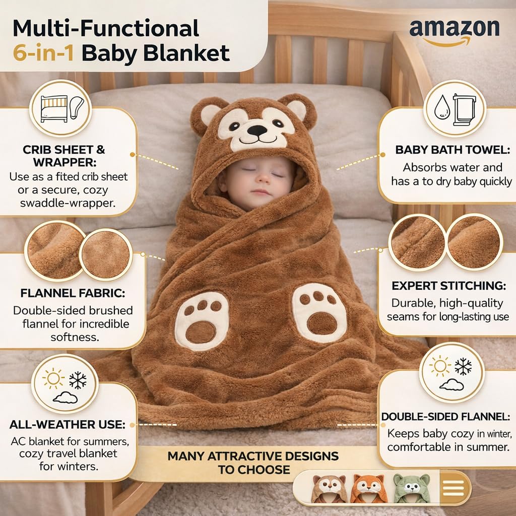 BRANDONN New Born Baby Blanket Pack of Super Soft Bathrobe Wrapper Bath Towel for Boys, Girls, Babies (Rust Monkey, Length 82 cm x Width 82 cm, 0-12 Months) 1
