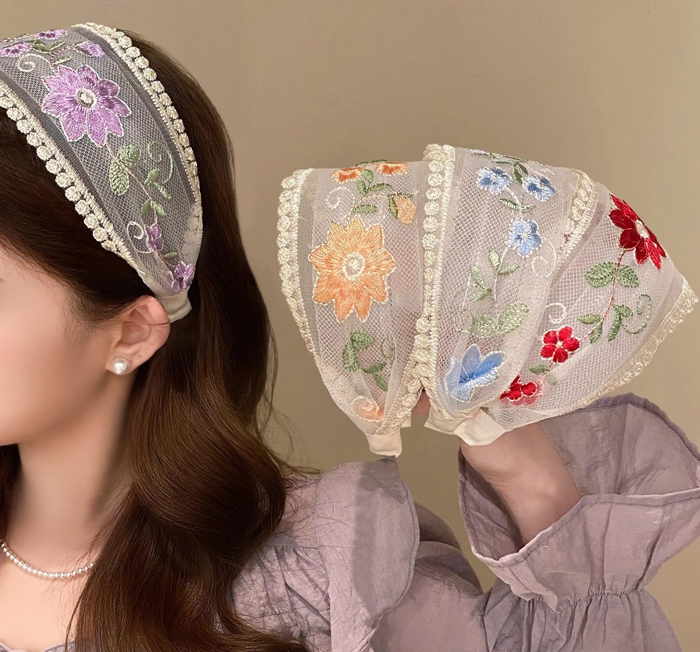 Nayamah Sales 2 PCS Hand Embroidered Headband | Handcrafted Floral Hairband | Intricate Thread Work | Holiday Hair Accessory for Women, Girls | For Christmas Parties & Festive Events-image-2