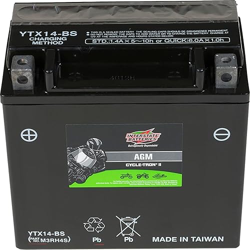 Interstate Batteries CYTX14-BS - Batería Powersports de 12 V y 12 Ah batería AGM de repuesto recargable para motocicletas cuatrimotos UTV scooters