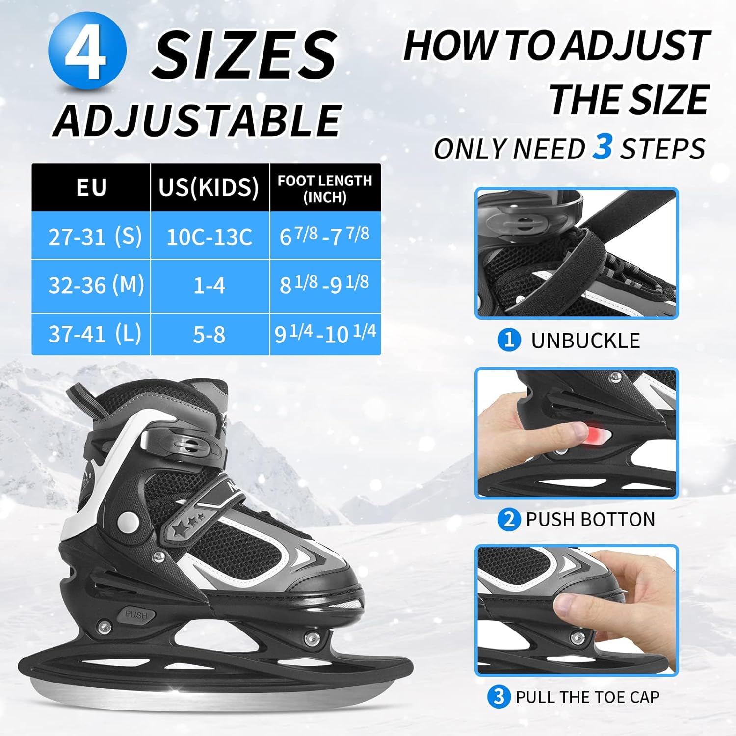 Nattork Ice Skates for Kids, Boys and Girls, Hockey Lace-Up Adjustable Skates Soft Padding and Reinforced Ankle Support for Beginners