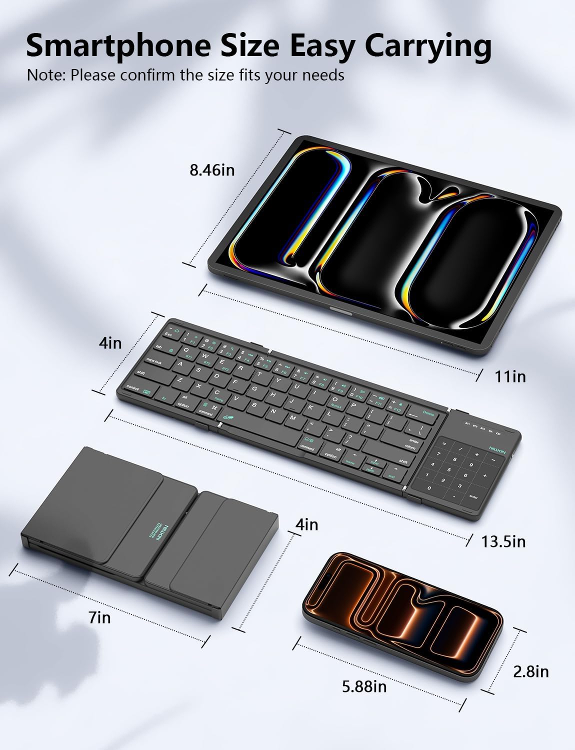 Nillkin Foldable Bluetooth Keyboard with Touchpad & Number Pad, Portable Bluetooth Keyboard with Full Size Keys, Pocket-Sized Wireless Travel Keyboards for iPad, Smartphone, Tablet and Laptop Black - Image 6