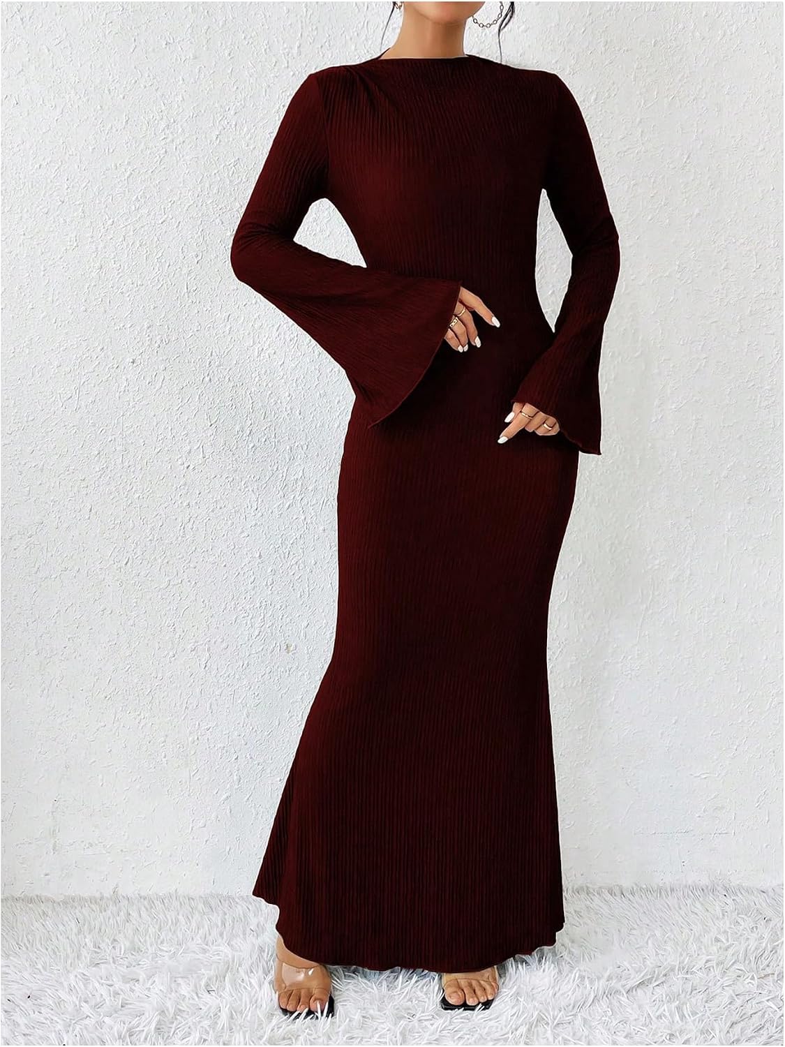 GORGLITTER Women's Bell Long Sleeve Cocktail Maxi Dress Crew Neck Bodycon Fishtail Casual Long Dresses