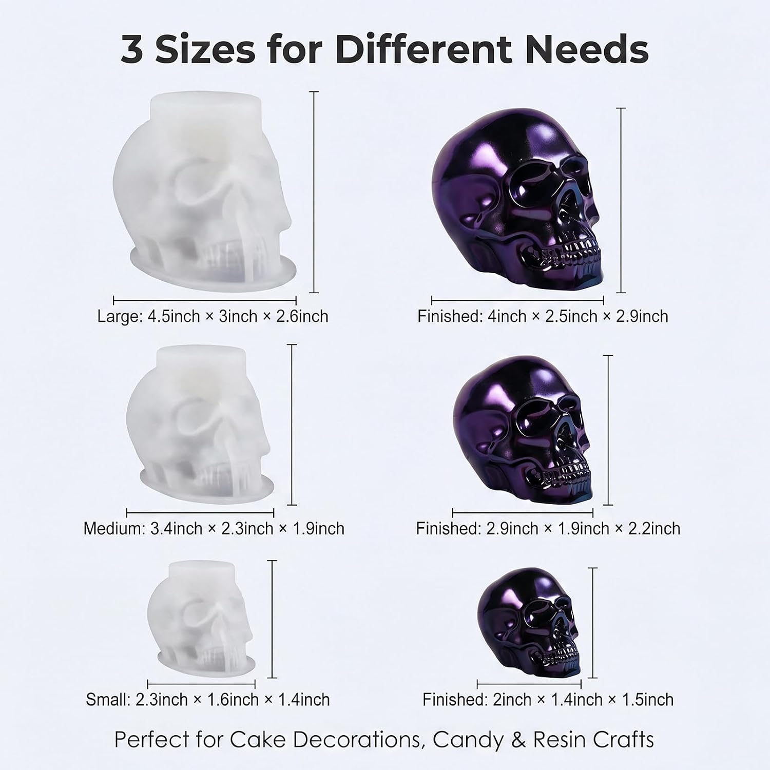 3 Sizes 3D Skull Silicone Molds, Resin Candle Molds for Halloween