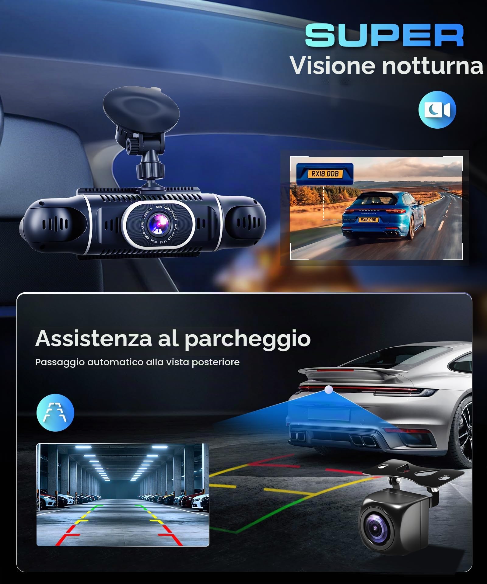 VECHTEL 2K Dashcam per auto anteriore e posteriore con WiFi, 4* Dash Cam 1080P Telecamera per auto con schermo IPS da 3 pollici,visione notturna,sensore G,protezione a 360 gradi,supporta 128 GB