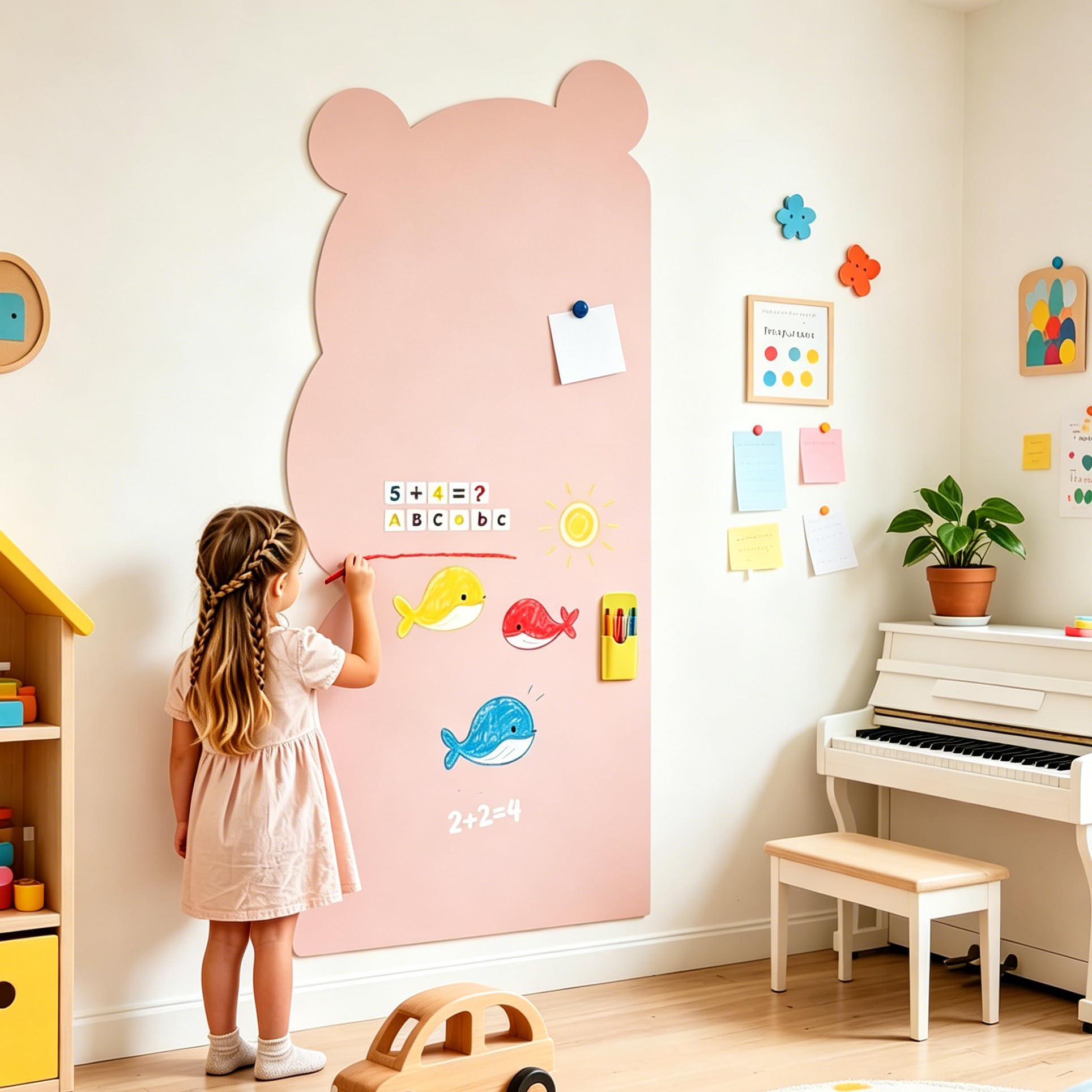 Magnetic Wall Sticker 55×115cm, Pink Bear Shape Magnetic Chalkboard with Letters, Numbers & Colour Chalks, Self-Adhesive Peel & Stick Magnet Wall for Drawing & Learning, for Playroom School Home
