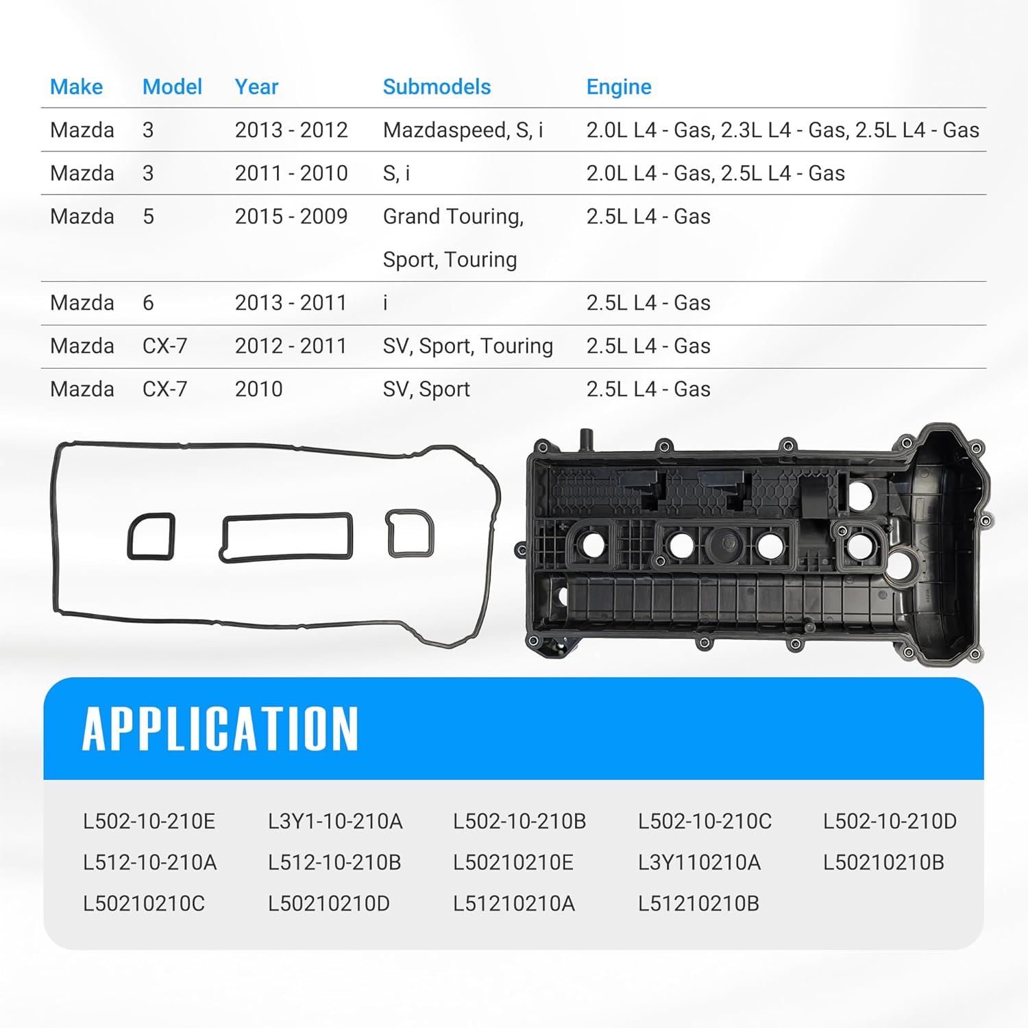 L502-10-210E Engine Valve Cover with Gasket for 2010-2013 Mazda 3, 2009-2015 Mazda 5, 2011-2013 Maz-da 6, 2010-2012 CX-7 2.0L 2.3L 2.5L, Replaces L502-10-210C L502-10-210B