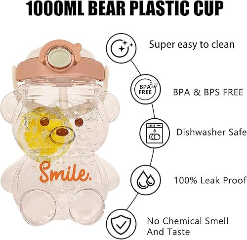 Miniatura 3 de JRIQH Botella de agua Kawaii Bear a prueba de fugas con correa de hombro ajustable y extraíble para niños y niñas (café)