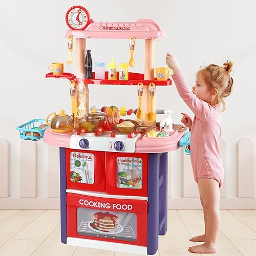 Juego de cocina 2 en 1 para niños y parrilla de barbacoa, cocina de juego para niños pequeños con sonido realista y fregadero de juego