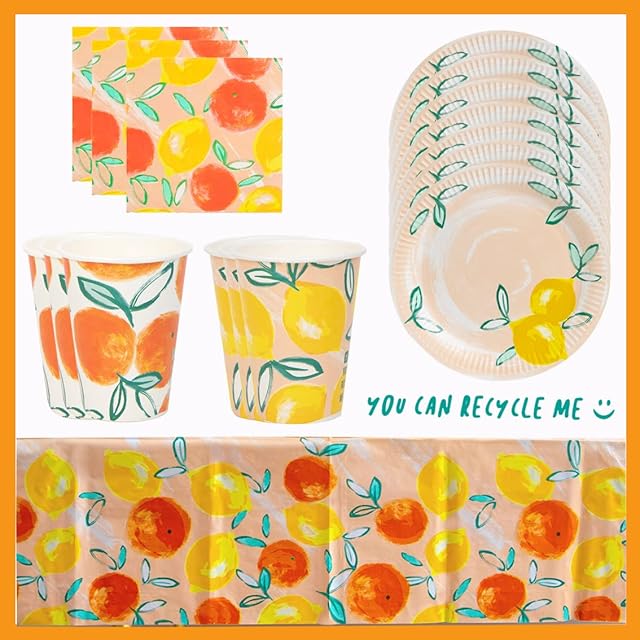 Tropical Summer Party Disposable Tableware | Oranges & Lemons Citrus Fruits | Includes 20 x Napkins 16 x Cups x 12 x Plates, Paper Table cover, Picnic, Garden BBQ, Outdoor Dining | 100% Recyclable