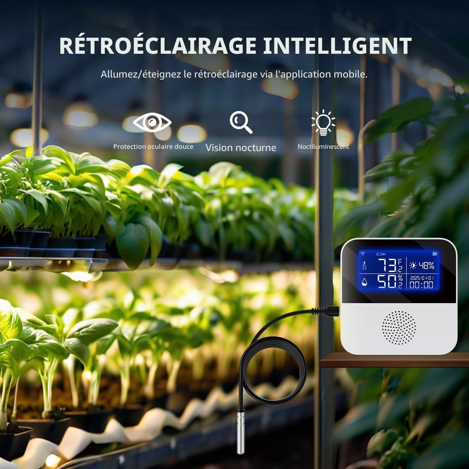 Tuya Capteur de température WiFi avec sonde externe étanche, moniteur intelligent de température et d'humidité avec écran LCD rétroéclairé, alarme buzzer et alerte de notification d'application