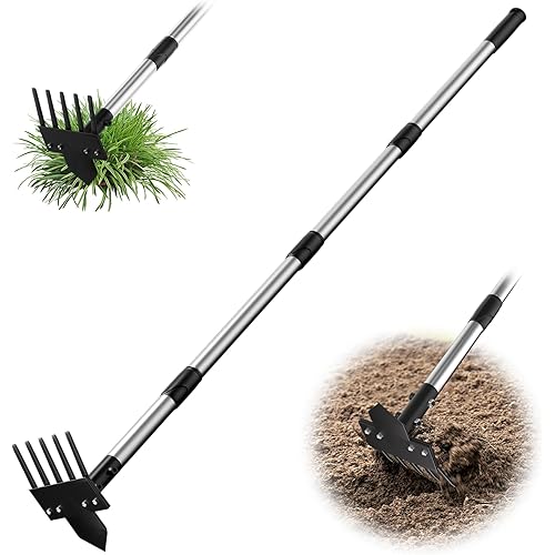 2-in-1 Heavy-Duty Garden Hoe with 5-Tine Rake – 30" to 60" Adjustable Handle, Hoes for Gardening, Hoe Garden Tools for Loosening Soil, Planting, Weeding