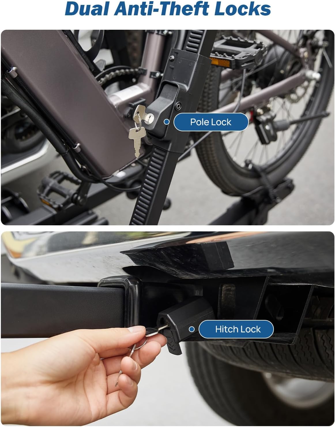 Two images: one showing the pole lock securing a bike to the rack, and another showing the hitch lock securing the rack to the vehicle's hitch receiver.