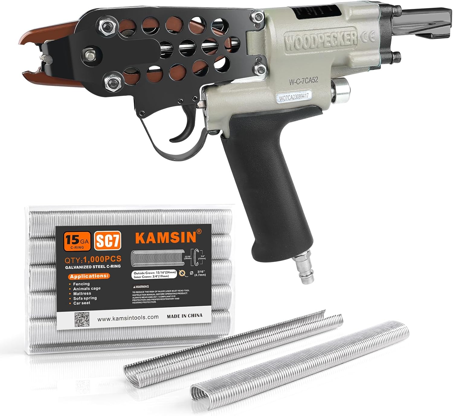 Woodpecker C-7CA 15 Gauge Pneumatic Hog Ring Gun Kit, 3/4" Crown Air Hog Ring Pliers, with1000PCS Hog Ring Staples for Cages, Fencing, Car Seats & Mattress (4.8-7mm Closure)