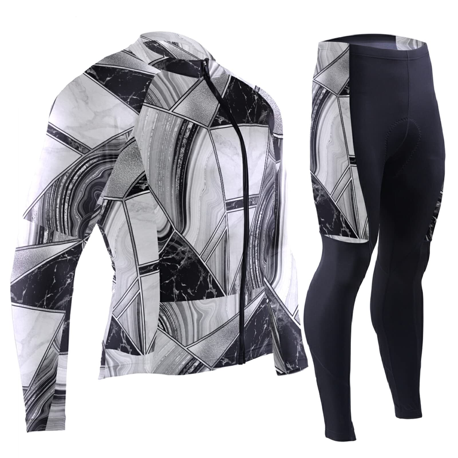Silver White Lines Marble Granite Agate Black Grey Paint Triangle Tile Men Cycling Jersey Clothes Long Padded Pants Sets Quick Dry Bike Riding Shirts Clothes Long Sleeve Outfit Full Zipper Jacket(XL)