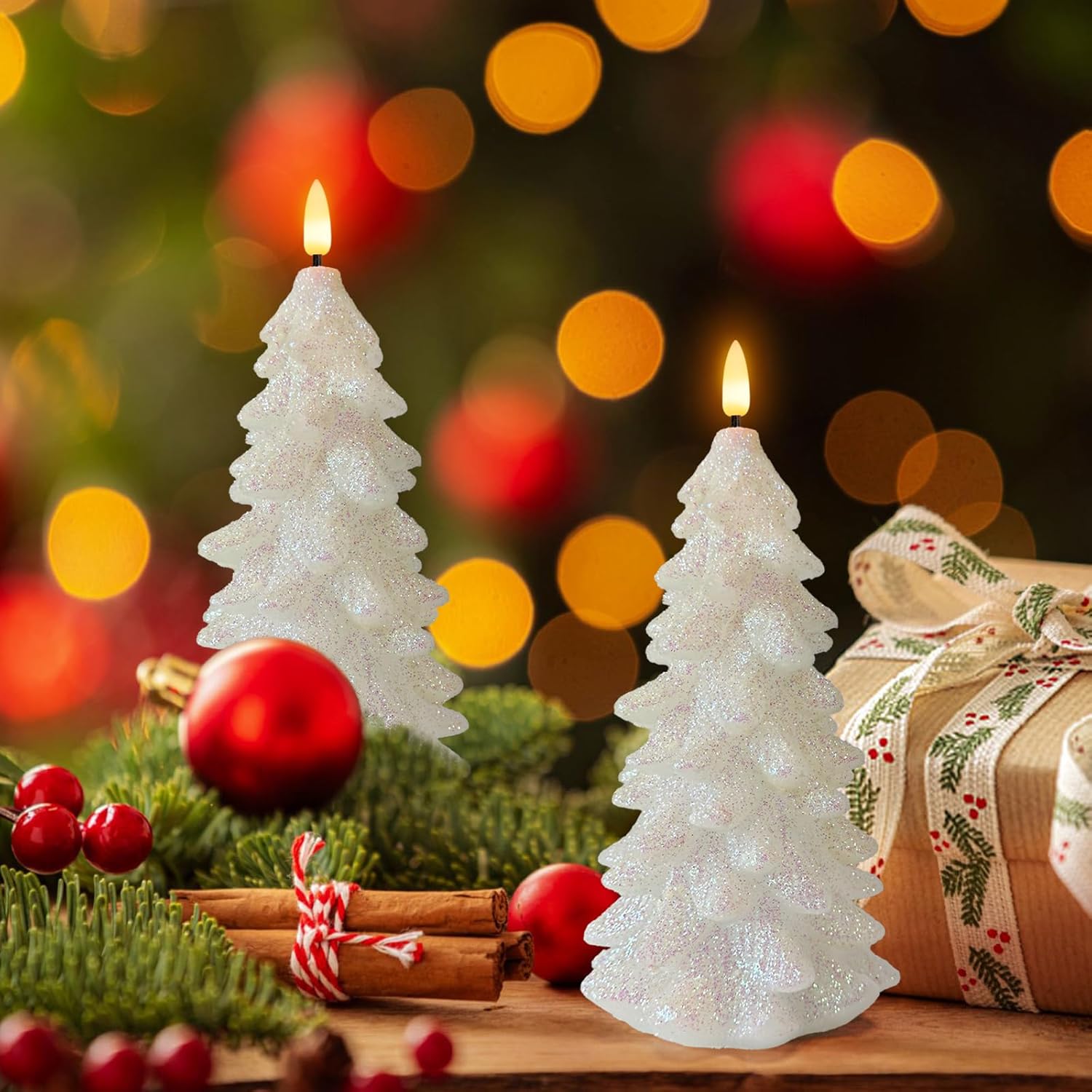 Christmas Tree Shaped Flickering Flameless Candles, Glittering White Real Wax Battery Operated LED Candles with Timer for Christmas Home Party Decoration Set of 2