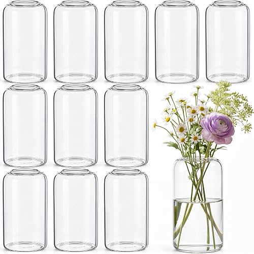 12pcs Bulk Glass Bud Vases for Centerpieces 5 Inch Clear Cylinder Vases Small Flower Vase for Wedding Party Event Table Decor Home Floral Arrangement