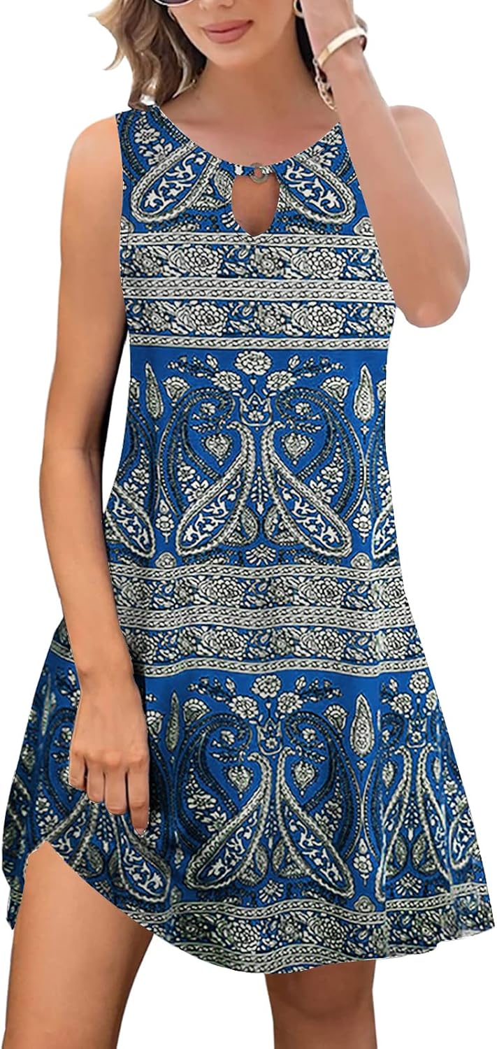 ETCYY Vestidos de verano para mujer 2023, a la moda, bohemio, estampado floral, salida de baño, cuello redondo, sin mangas, vestidos de verano con