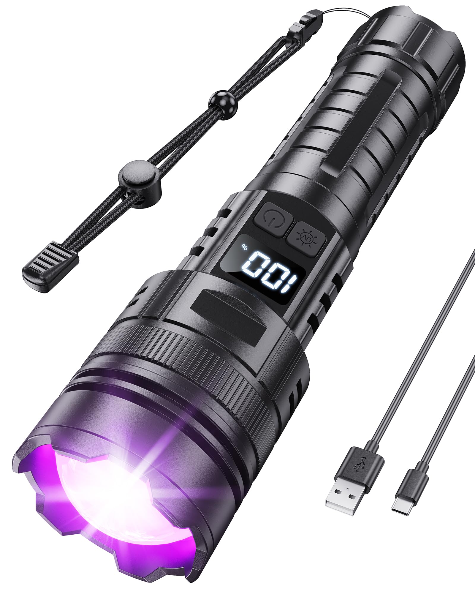 MOWETOO 365nm UV Taschenlampe - Aufladbar UV Lampe Schwarzlicht mit LED Licht 2 in 1, Zoombare Schwarzlichtlampe mit LCD-Display für Bernsteinsuche, Tierurin-Test, Resin Härten, Geldscheinkontrolle