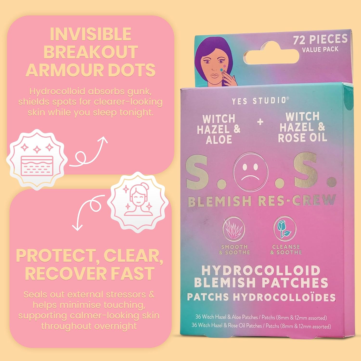 Upper Canada Yes Studio Hydrocolloid Blemish Dot Patches 72 Pieces Value Pack Assorted Sizes, Cleanse, Smooth and Soothe with Infused Witch Hazel, Aloe Vera & Rose Oil