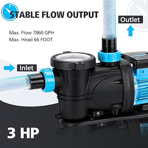 Miniatura 4 de Bomba de piscina ensobre el suelo, 3HP con bomba de piscina 7860 GPH, 115V de alto flujo de una sola velocidad potentes bombas de piscina