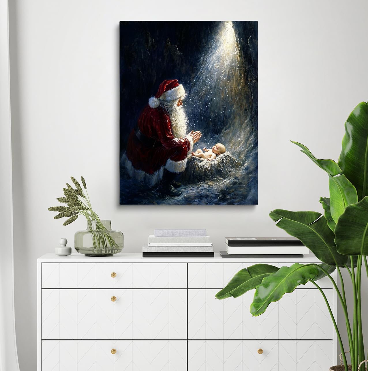 Santa And Christ Child Wall Art,Kneeling Santa,Santa Kneeling,Santa Nativity,Baby Jesus Manger Poster, Santa Kneeling At Manger,Christ Child In Manger Print,Jesus And Santa Art 16x24inch Framed Art