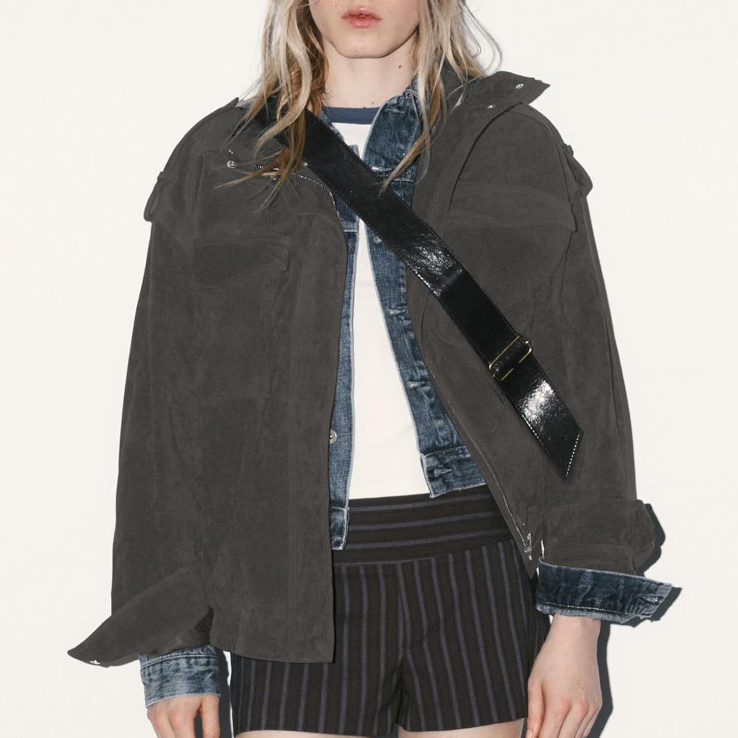 Womens Faux Suede Leather Jackets Zipper Lapel Long Sleeve Bomber Jackets Oversized Blazer Going Out Outwear