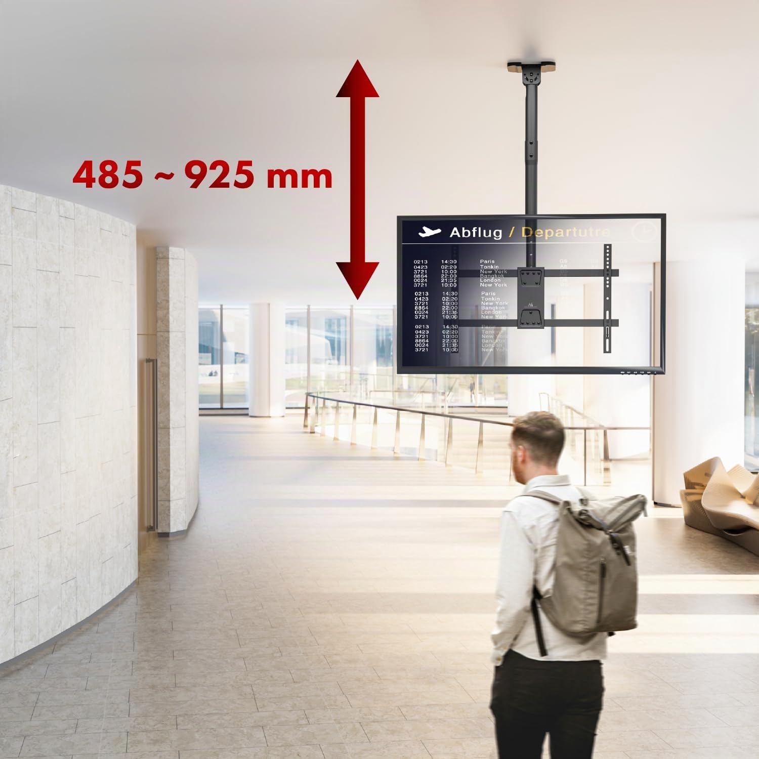 Maclean Support de Plafond pour téléviseur de 43 à 86 ″, capacité de Charge de 60 kg, inclinable, pivotant à 25°, réglable en Hauteur à 180 °, Hauteur réglable de 485 à 925 mm, VESA jusqu'à 600 x 400