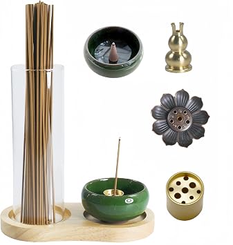 Incense Holder, 2-1Design, for Incense-Sticks,Cones,Ceramic Burner Bowl,for Zen Meditation,Yoga Desktop Decor,with Lotus Stand,Office,Home,Feng Shui & Spiritual GiftsNatural