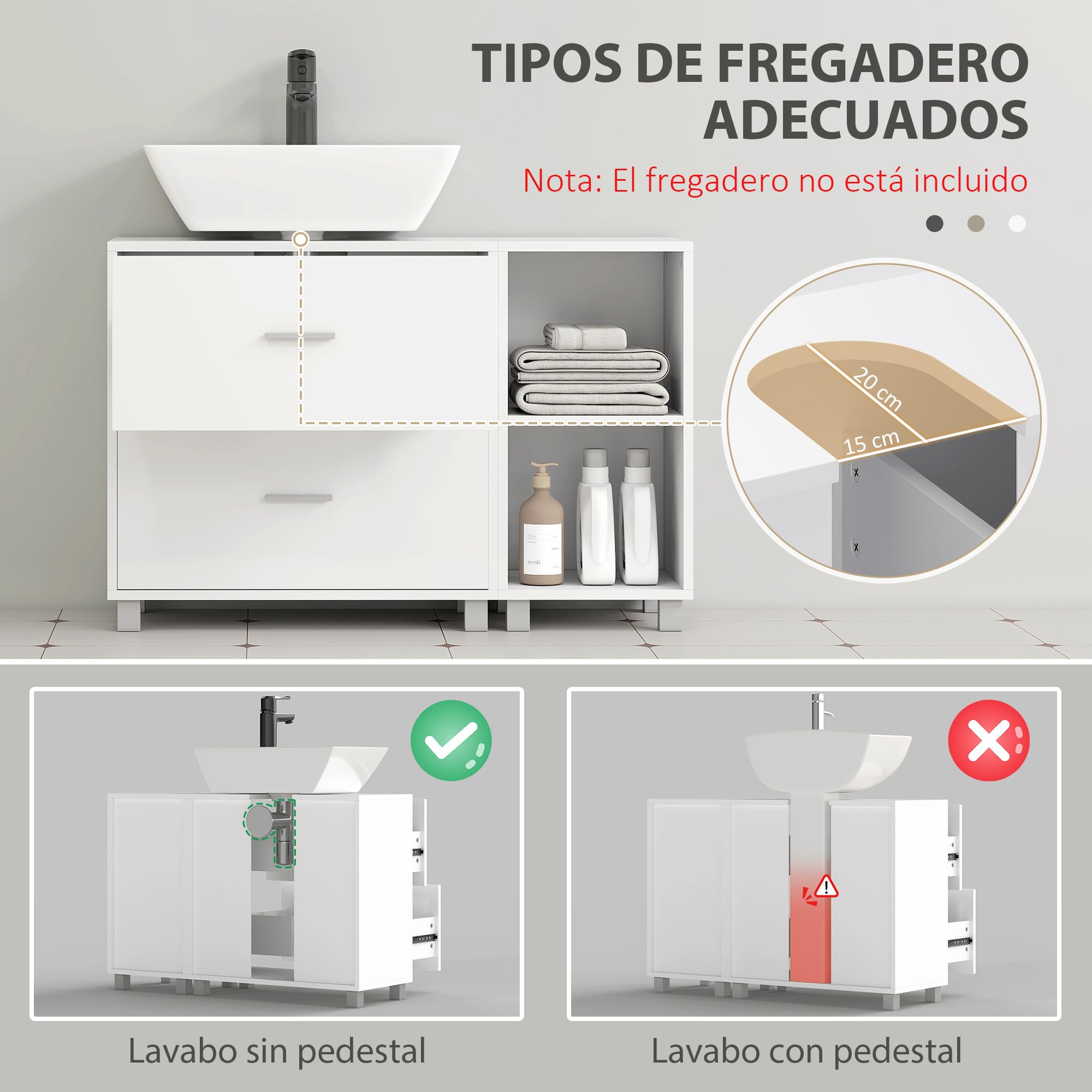 HOMCOM Mueble Bajo Lavabo, Mueble Baño para Pedestal 90x30x60 cm Blanco | 2 Cajones, 2 Estantes Abiertos, Estilo Moderno