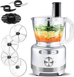 Homtone Processador De Alimentos 16 Xícaras, 9 Funções, 7 Lâminas, 3 Velocidades Para Ralar, Fatiar, Amassar, Emulsionar E Picar Carne Vegetais, Uso Doméstico, 600 W (Prata)