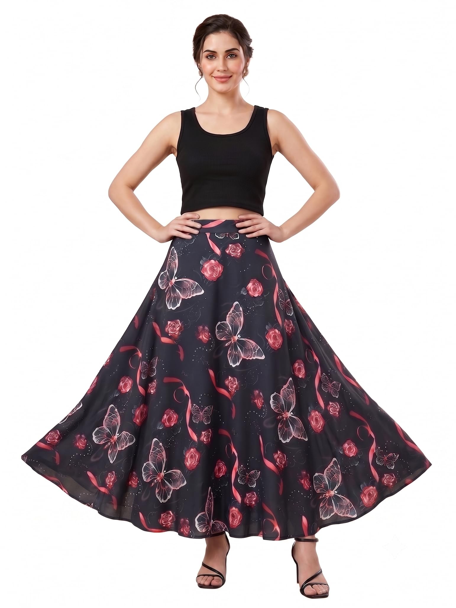vagisha Women's Printed Co-Ord Set Cum Dress | Sleeveless Stretchable Black Crop Top with Long Flared Skirt for Woman | Summer Casual 2 Piece Outfit-picture-40