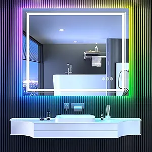 LED Mirror for Bathroom, 48"X40" with 8 RGB Backlit +3 Front Lit (Adjustable Individually), Anti-Fog, Large Lighted Bathroom Vanity Mirror for Wall,Shatterproof,Memory Function,Tempered Glass