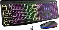 Vista 1 de Combo de teclado y mouse inalámbricos con retroiluminación, teclado ergonómico de tamaño completo 2.4G con letras iluminadas, mouse RGB recargable